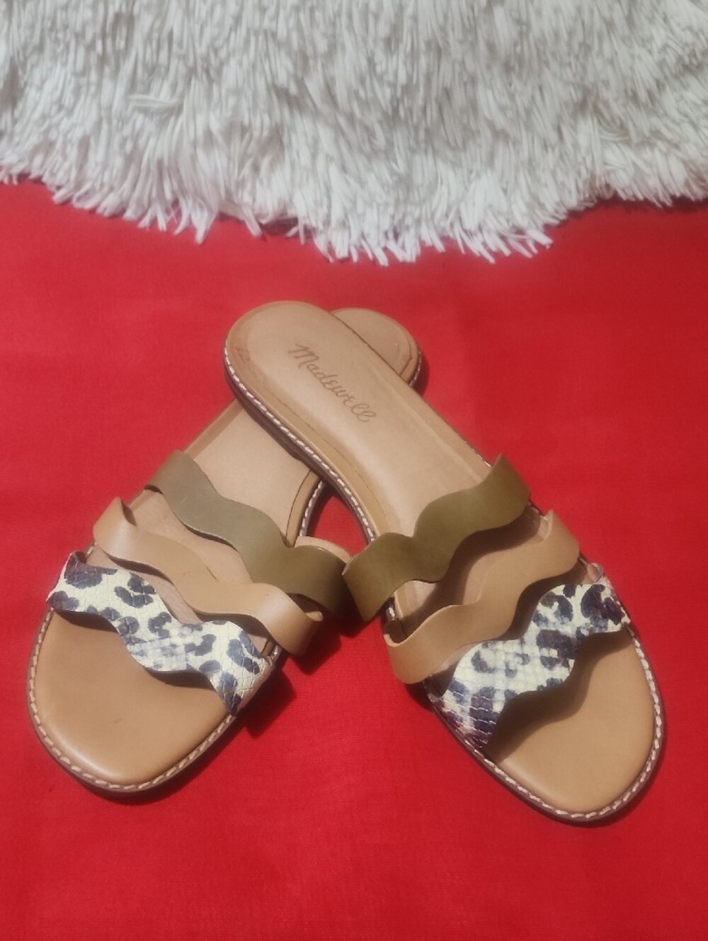 Madewell Olive, Tan & Snake-Print Wavy Slide Sandals